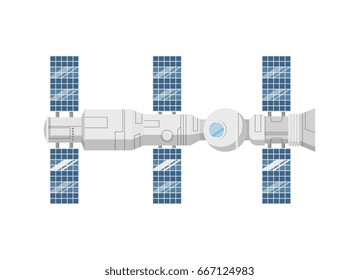 Modern orbital space station isolated icon. Astronautics and space technology object, spacecraft vector illustration in flat design.