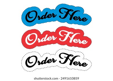 Modern ORDER HERE text vector, shop equipment icon.