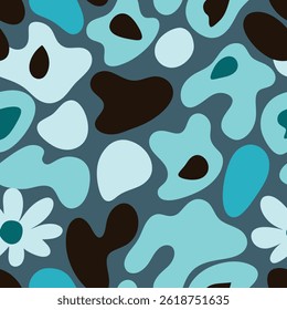Modern Organic Abstract Pattern with Fluid Blue, Teal, Brown, and Floral Accents