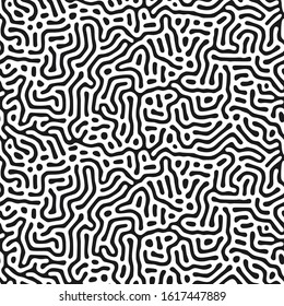 Modern organic background with rounded lines. Structure of natural cells, maze, coral.  Black and white vector seamless patterns with diffusion reaction. Linear design with biological shapes.