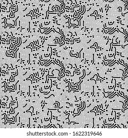 Modern organic background with rounded lines. Structure of natural cells, maze, coral.  Black and white vector seamless patterns with diffusion reaction. Linear design with biological shapes.