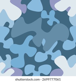 Um padrão de camuflagem moderno e orgânico com formas onduladas e abstratas em vários tons de azul, pálido roxo e branco. Esta textura de vetor sem costura é perfeita para fundos de inverno ou com temática fria