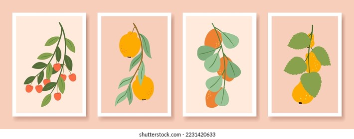 Modern organic fruits banners. Mango pears cherry hang on green branches. Fashion interior posters, vector contemporary exotic eco design