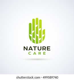 Modern organic logotype template. Nature Care label. Green hand with plants on it.