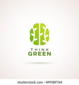 Modern organic logotype template. Think Green label. Green brain silhouette with plants on it.