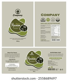 Modern organic mushroom food packaging label design, earthy green tones, a minimal and unique health supplement with an eco-friendly clean layout.