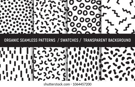 Modern organic seamless patterns collection. Black patterns on transparent backround. Swatches. Vector.