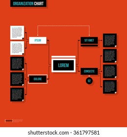 Modern organization chart template in flat style on red background.