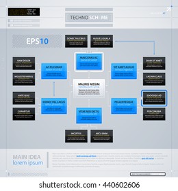 Modern organization chart template with rectangle elements. Futuristic techno business style. Useful for annual reports, presentations and advertising.