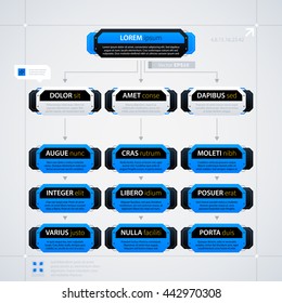 Modern organization chart template with rectangle elements. Futuristic techno business style. Useful for annual reports, presentations and advertising.