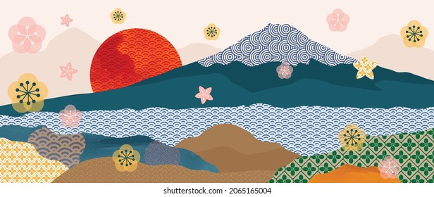 Modern oriental style background vector. Chinese and Japanese oriental line art with abstract art texture. Wallpaper design with sun and mountain wall art.