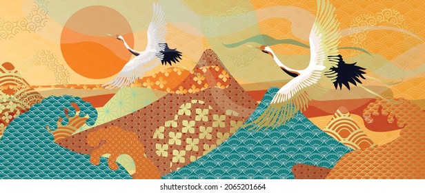 Modern Oriental Style Background Vector. Chinese And Japanese Oriental Line Art With Abstract Art Texture. Wallpaper Design With Sun, Clouds And Flamingo. Ocean And Wave Wall Art For Home Decoration.