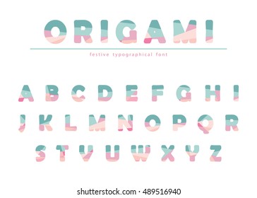 Modern origami festive font isolated on white. Creative ABC letters can be used for sale, birthday party, shop, present, header, brochure.