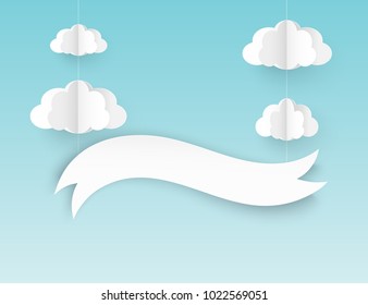 Modern origami paper art background with white banner and paper clouds. Valentine's day, wedding invitation banner