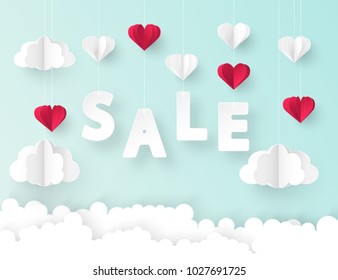 Modern origami paper art background with red and white heart balloons and fluffy clouds. Valentine's day, sale banner
