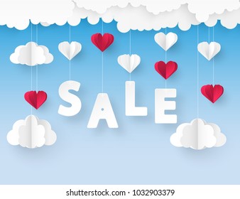 Modern origami paper art background with red and white heart balloons and fluffy clouds. Valentine's day, sale banner