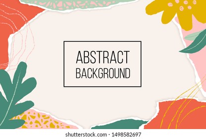 Modern origami template with torn paper pieces in bright color. Paper cut collage design. Trendy hand drawn banners. Paper art abstract background. Vctor Illustration.