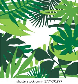 Modern ornament background exotic plants. Tropical leaves amazon forest on a white background. Vector illustration for printing textile, wrapping paper, wallpaper, packaging.