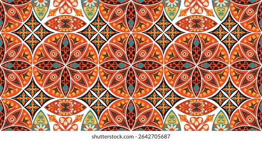 Modern, Ornamental Mosaic Tile with Repeating Floral and Geometric Motifs vector mandala pattern, background for fabric, clothes, carpet, luxury, textile, texture, illustration, ornate mosaic floor.