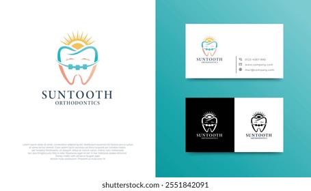 Logotipo de serviços ortodônticos modernos, apresenta um dente com aparelho e símbolo de sol