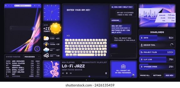 Moderne OS-Benutzeroberfläche mit Fliesen-Webbrowser und Terminal-Fenster, Musik-Player, Wetter-und Uhr-Widgets. Bento Grid Layout Konzept Vektor-Illustration