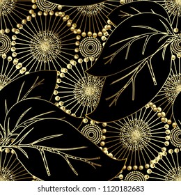 Modern otnate floral vector 3d seamless pattern. Abstract ornamental flourish background. Beautiful gold 3d dandelion  flowers, big leaves, vintage decorative ornaments. Surface endless texture. 