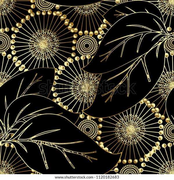 Modern otnate floral vector 3d seamless pattern. Abstract ornamental flourish background. Beautiful gold 3d dandelion flowers, big leaves, vintage decorative ornaments. Surface endless texture. 