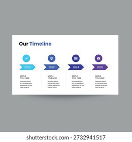 Moderno Nuestra Plantilla de presentación de diapositivas Timeline con un diseño limpio y profesional. Perfecto para mostrar los hitos de la compañía, las fases del proyecto, el crecimiento del negocio, la hoja de ruta, la historia y el progreso en las presentaciones corporativas, presentaciones de lanzamiento de empresas e informes comerciales.