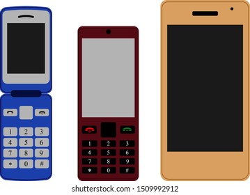 Modern and outdated gadgets. Mobile communication concept. Empty screen space for your mockups. Smartphone and two phones with a keyboard.
