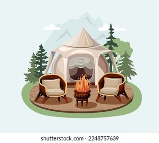 Modern outdoor recreation concept. Tent, chairs near camp fire on terrace. Glamping concept. Vector illustration.