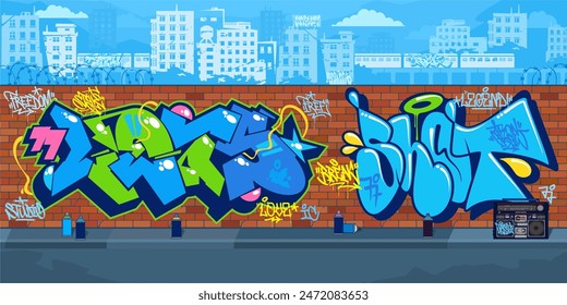 Modern Outdoor Urban Graffiti Wall With Street Art Drawings Against The Background Of The Cityscape