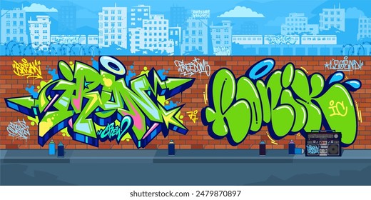 Modern Outdoor Urban Graffiti Wall With Street Art Drawings Against The Background Of The Cityscape