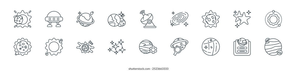 modern outer space icon pack. perfect for linear ui designs featuring vector planetarium, library, mars, research, planets, constellation, moon and stars and more icons for mobile and web apps.