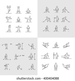 Modern outline athletes icons. Vector sport icon yoga, hockey, golf and skiing.