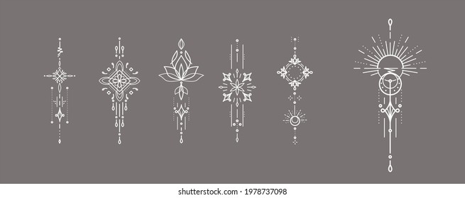 Modern outline bohemian decoration set with symbols of lotus flower, stars, moon, crescents, ray sparkles, sunburst, and stars. Vertical vector isolated ornament design elements 