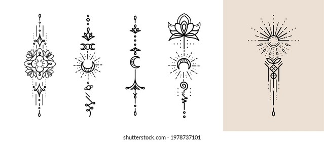 Modern outline bohemian decoration with symbols of moon, crescents, sunshine, sunburst and stars, planets. Vertical vector isolated ornament design elements 