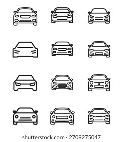 Coleção de ícones de vetor de carro de contorno moderno (vista frontal). Perfeito para transporte, aplicativos automotivos e interfaces de usuário de site (UI). Limpe a arte da linha.