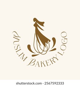 Modern outline drawing of a Muslim girl in the form of a whisk. Logo for a bakery or a cook. Logo intertwined girl and kitchen appliance whisk.