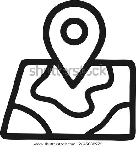 Modern outline icon of a map with a location pin marker, a vector symbol for GPS navigation, finding a destination, and travel check-in points.