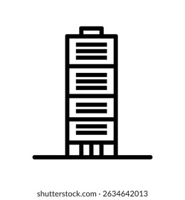 O ícone de contorno moderno mostra um bloco de escritórios em arranha-céus desenhado em linhas pretas simples contra um pano de fundo limpo. A imagem tem fundo transparente.