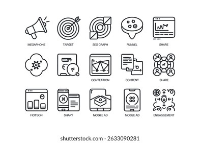 Modern Outline Icons Depicting Digital Marketing Strategies
