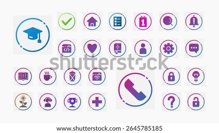 Modern outline icons in gradient style covering education, health, productivity, and mobile UI elements. Ideal for apps and dashboard UI.