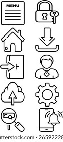Modern Outline Icons. Menu, Security, Home, Download, Upload, Profile, Cloud, Settings, Search, Mobile Notifications.
