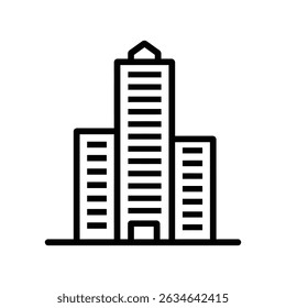 Modern outline illustrates a simple skyscraper with horizontal lines that represent many windows. 