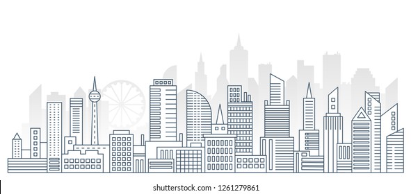 Modern outline line big urban city panorama background with flat color skyscrapers on background.