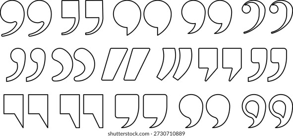 Un moderno conjunto de iconos de comillas de esquema con múltiples estilos tipográficos lineales. Símbolos de puntuación de trazo negro limpio aislados sobre fondo blanco, ideal para diseños editoriales, IU, UX