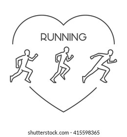 Modern outline running symbol. Vector figures runners. Black line run logo. Love running symbol.