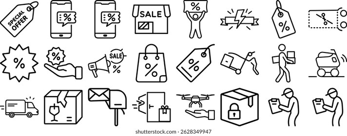 A modern outline set icon design illustrating diverse concepts of shopping sales discounts and delivery services.