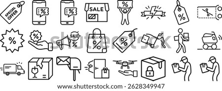 A modern outline set icon design illustrating diverse concepts of shopping sales discounts and delivery services.