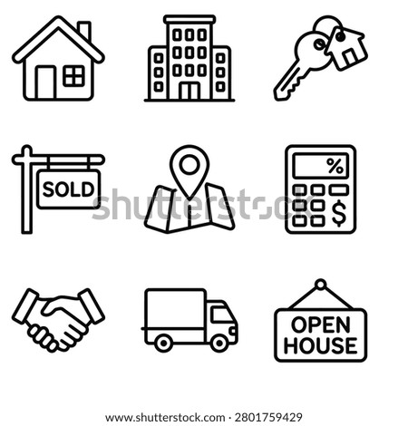 Modern Outline Simple Residential House Building Key Calculator Map Sign Truck Handshake Icons